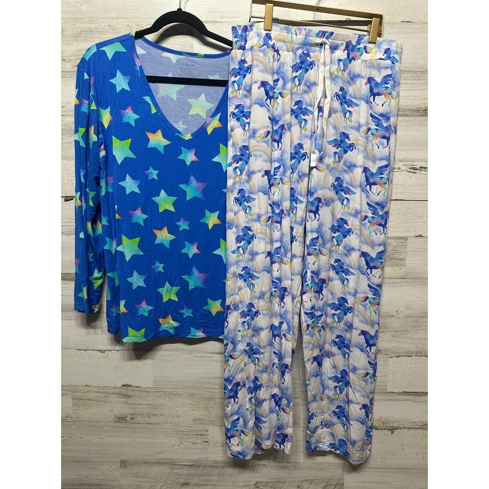 Hanlyn Collective Pajama Set Womens XL Blue Star Unicorn Rainbow Bamboo NWT